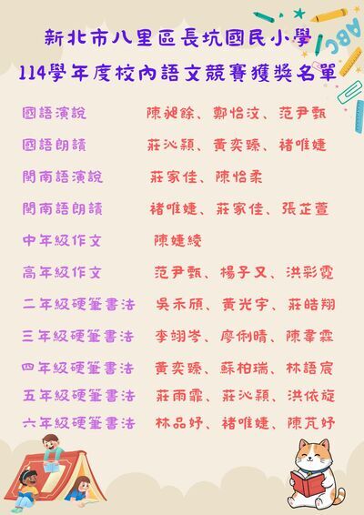 新北市八里區長坑國民小學 114學年度校內語文競賽獲獎名單圖片