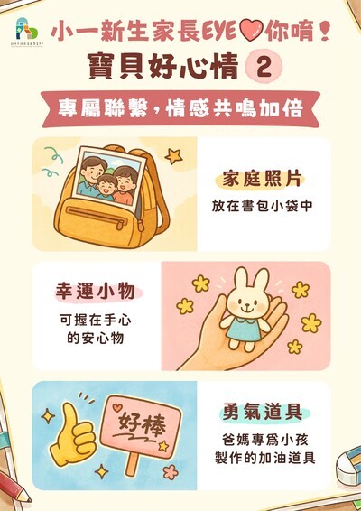 「寶貝好心情 2」 專屬連結,情感加倍 —— 傳遞安全感的溫柔力量 陪伴寶貝面對分離與新挑戰時 勇敢踏出一步 1. 家庭照片:放在書包小袋中。 2. 幸運小物:可握在手心的安心物。 3. 勇氣道具:爸媽專為小孩製作的加油道 具。